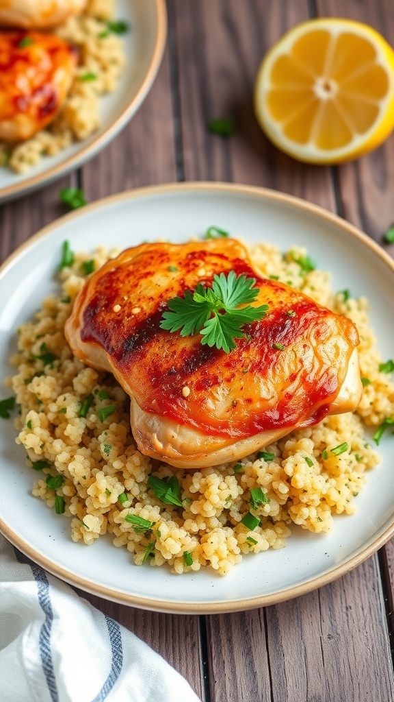 Lemon herb quinoa with chicken thighs garnished with parsley on a rustic table.